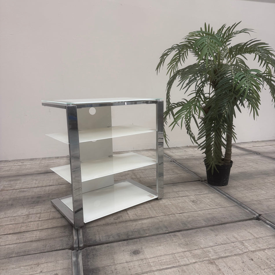 Hi-Fi-Regal Weiß Glas-Metall Offenes Design Regal Gebraucht