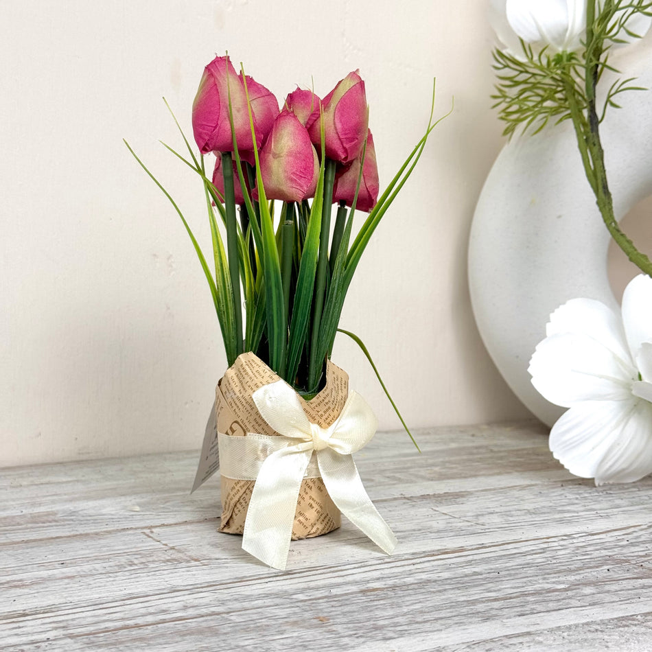 Kunstblumen Tulpen in Geschenkverpackung Deko Magenta Frühling