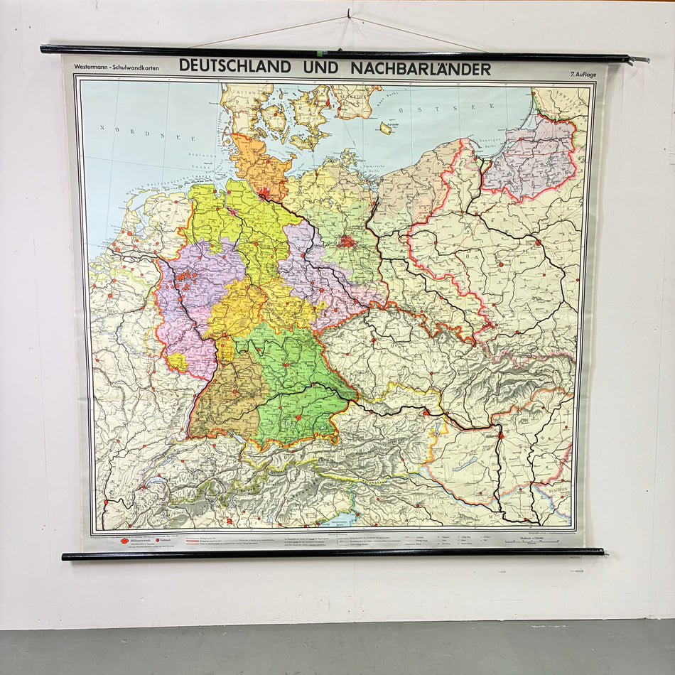 Vintage School Map – Germany and Neighboring Countries – Politics Geography Teaching Chart Westermann Roll Map Used