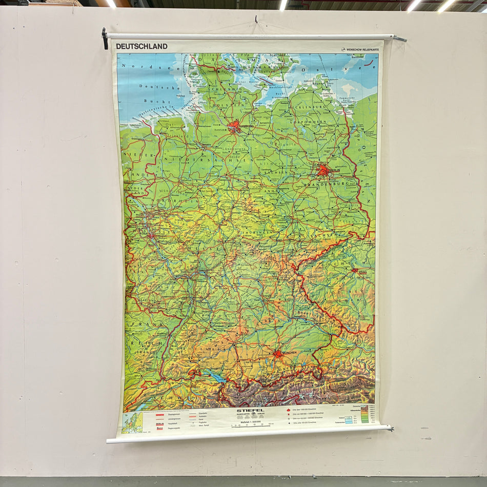 Vintage School Map – Germany – Geography Educational Chart, Rolling Stock, Used