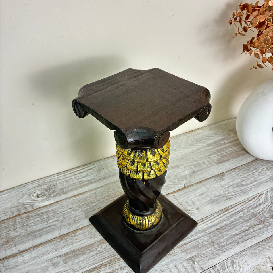 Vintage Column Pedestal Flower Stand Wood Carved Black Gold Antique Used