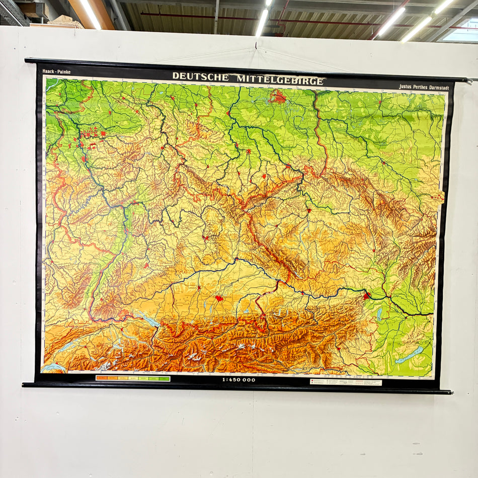 Vintage School Map – German Central Uplands – Geography Educational Chart Haack Painke Roll Chart Used