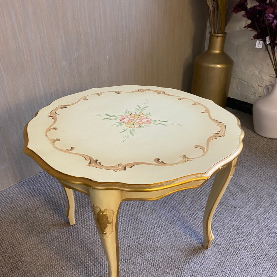 Runder Vintage Beistelltisch Gelb Gold mit Blumenmotiv – Shabby Chic Tisch gebraucht