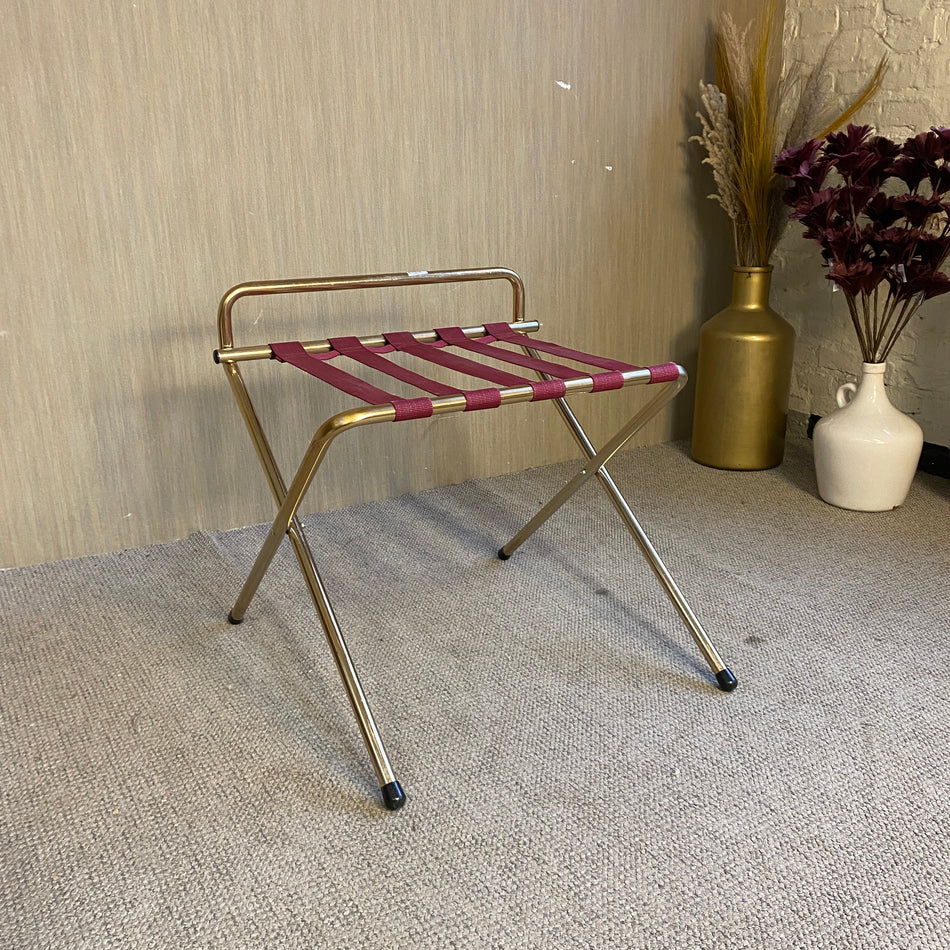 Kofferablage golden aus Metall mit roten Gurten – klappbarer Gepäckständer – Ständer gebraucht