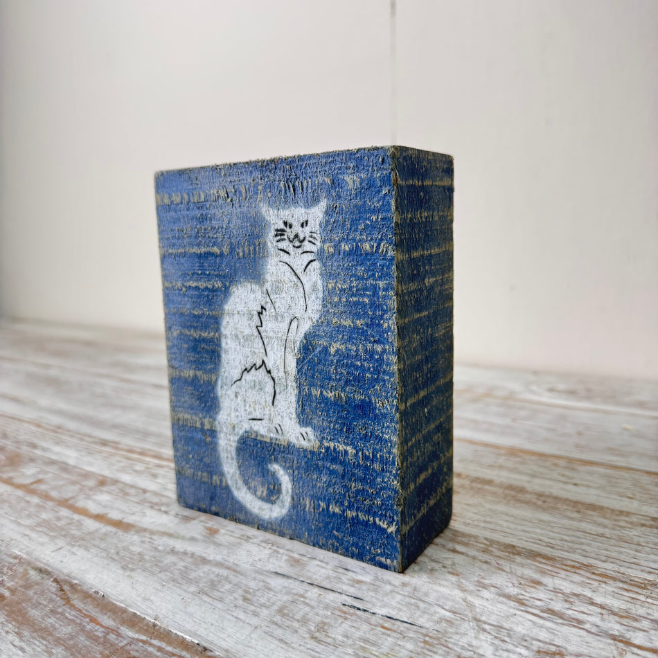 Holzblock 15cm Holz Katze Blau Weiß Vintage Shabby Deko