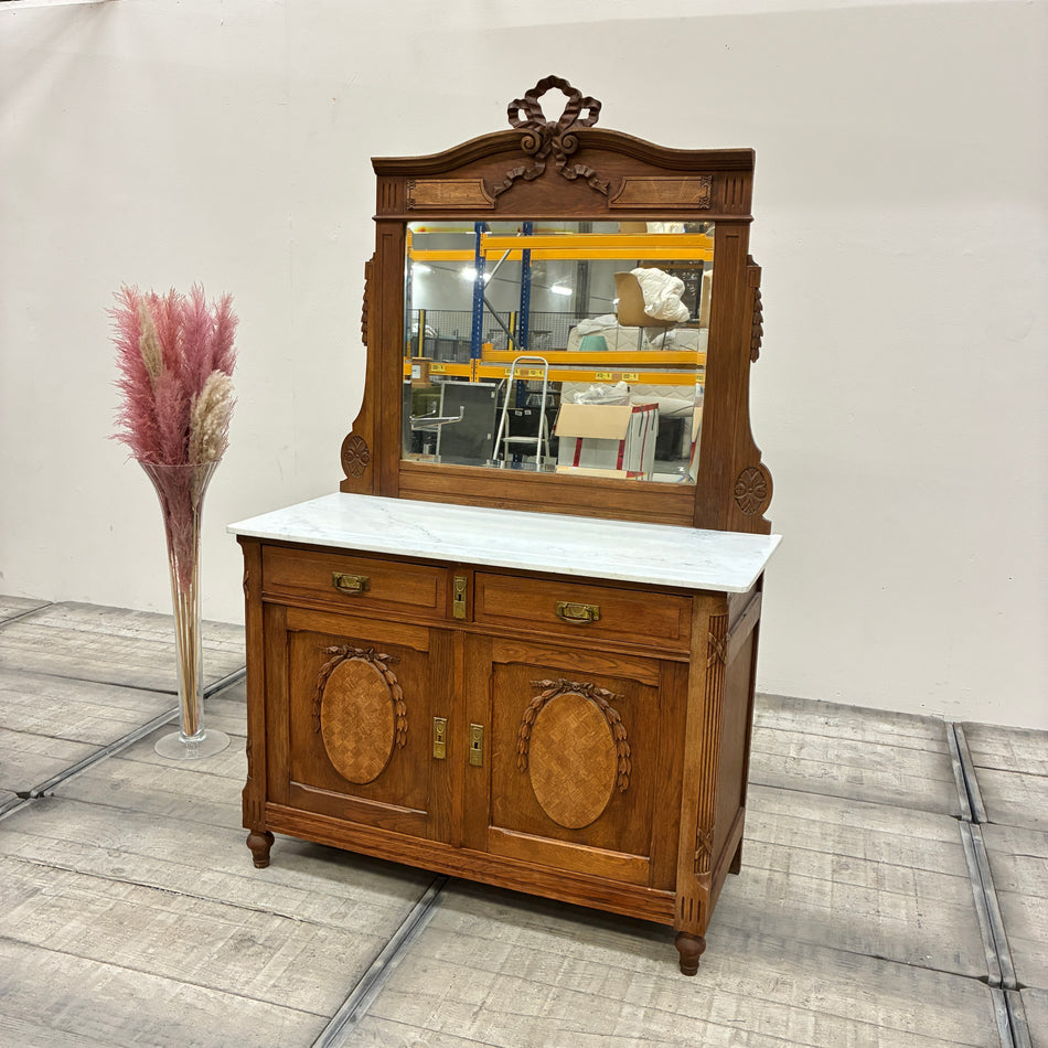 Antique half-height sideboard with mirror, oak dresser, marble top, early 20th century, vintage