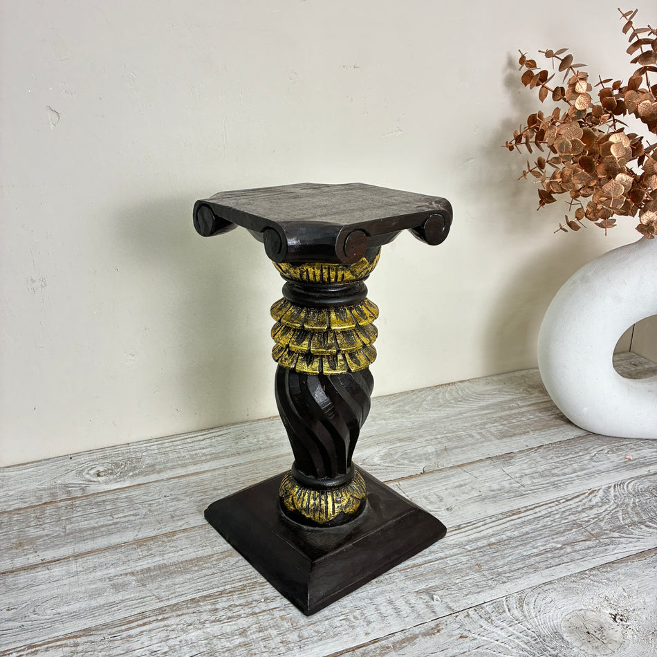 Vintage Column Pedestal Flower Stand Wood Carved Black Gold Antique Used