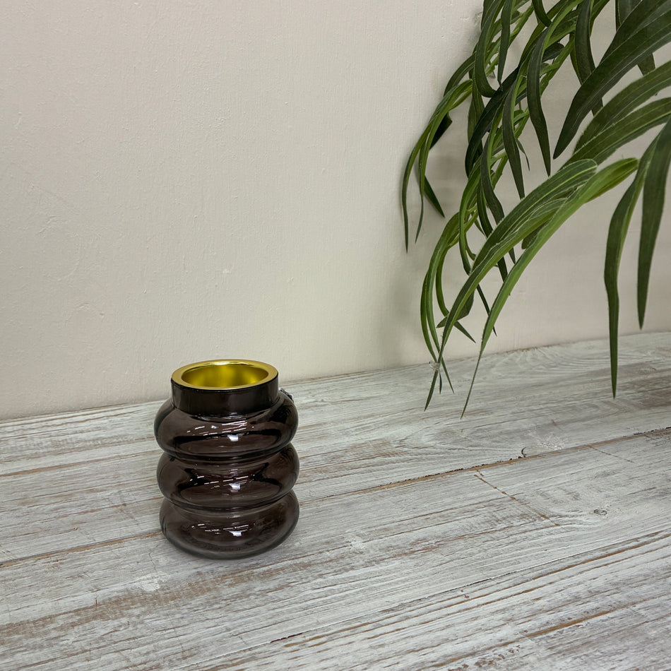 Design Windlicht Glas Teelichthalter Rauchglas Braun Gold Welle