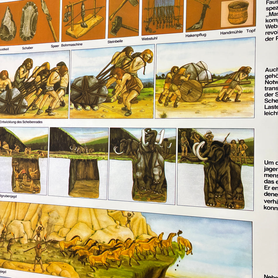Vintage school chart – Stone Age – history teaching poster, roller chart, used
