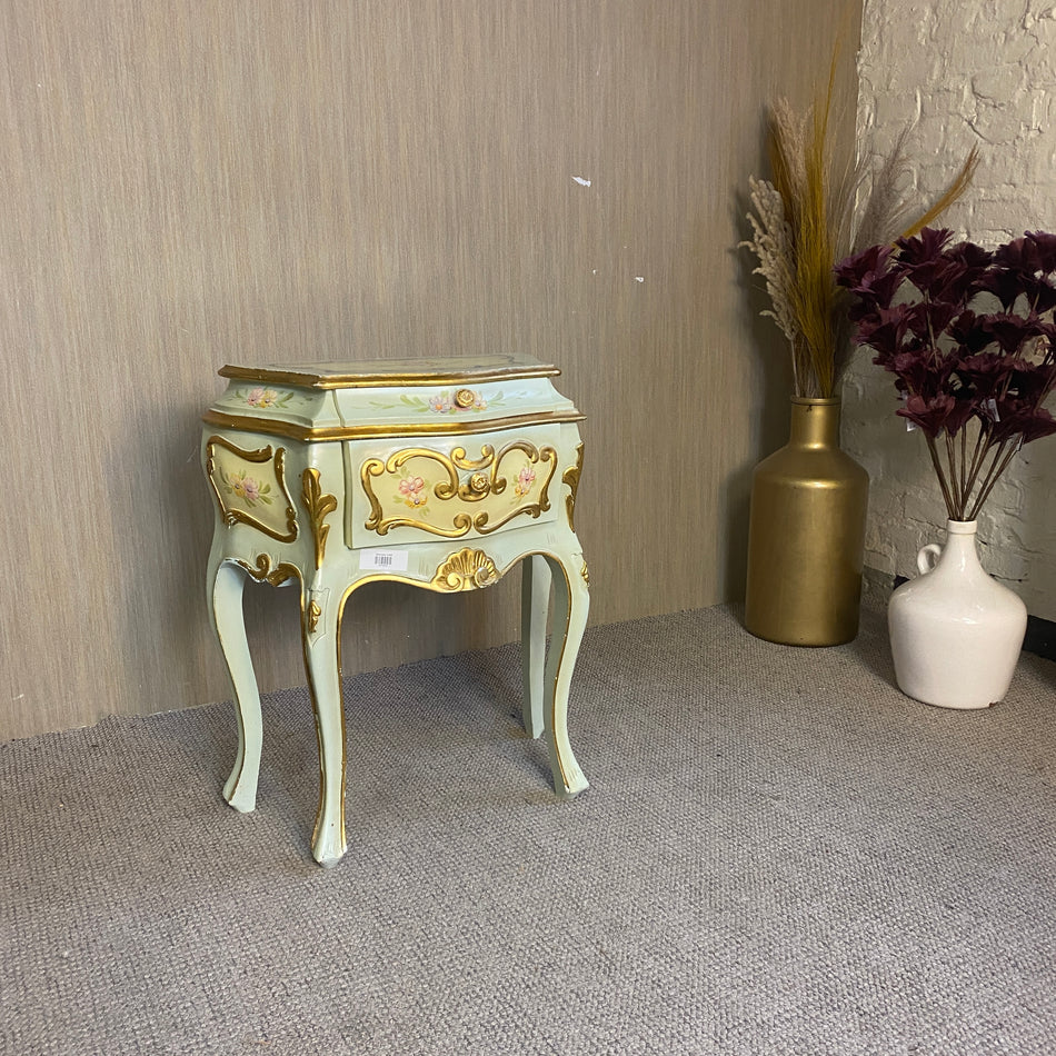 Barocker Vintage Nachttisch minzgrün mit handbemalten Blüten & Goldverzierung Tisch gebraucht