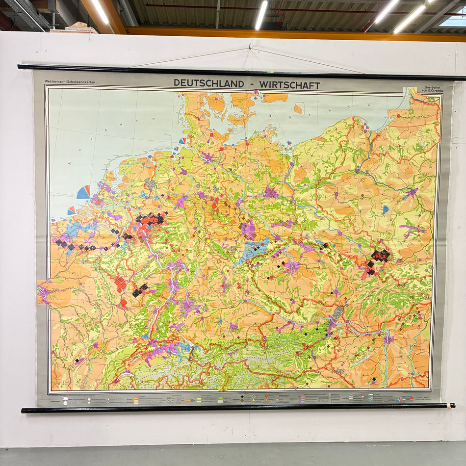 Vintage School Map – Germany’s Economy – Geography Teaching Chart, Westermann Wall Map, Used