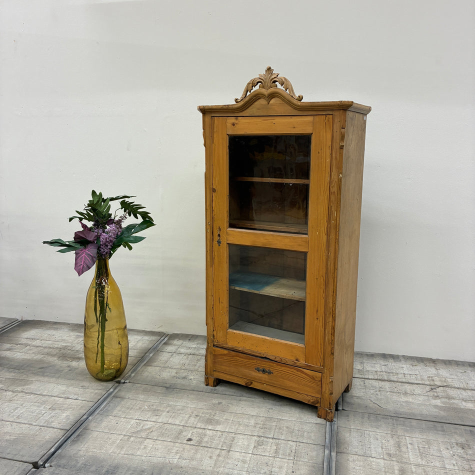 Antique pine display cabinet with glazed door and drawer, 19th century, vintage