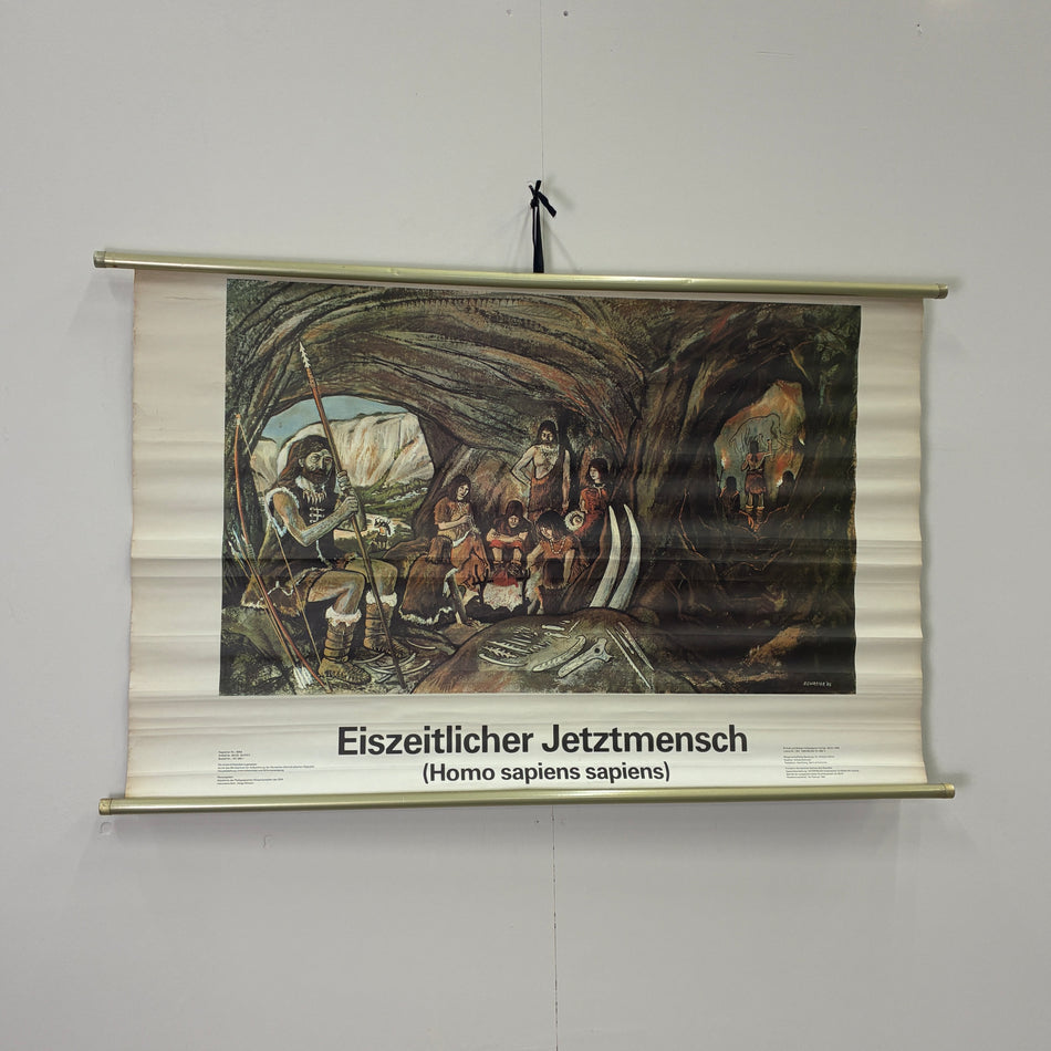 Vintage Schulkarte Eiszeitlicher Jetztmensch Steinzeit Rollbild Lehrtafel DDR Wanddeko