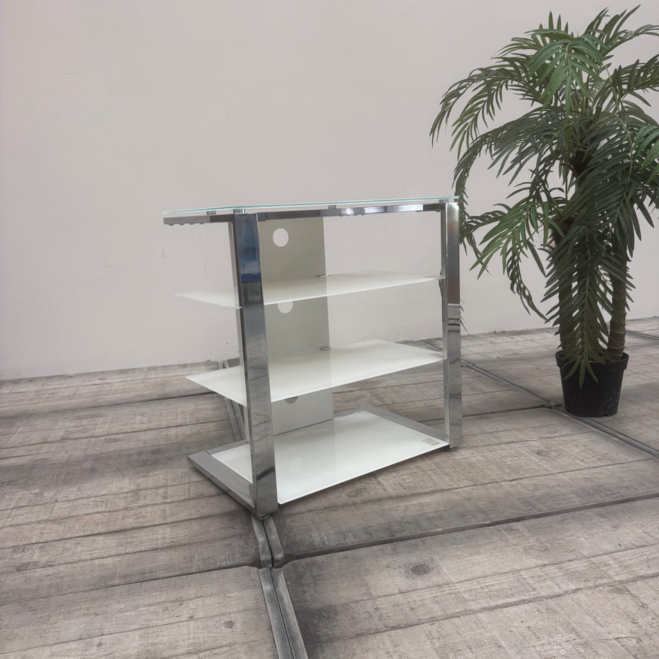 Hi-Fi-Regal Weiß Glas-Metall Offenes Design Regal Gebraucht
