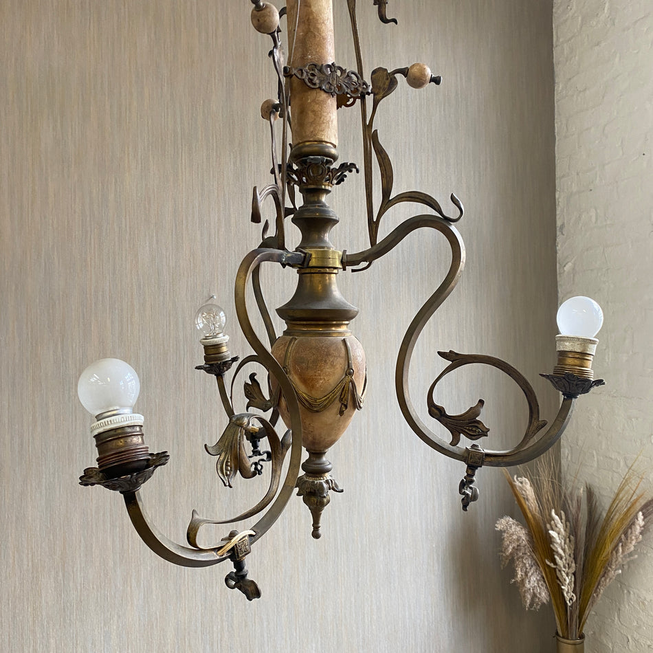 Jugendstil Deckenlampe antik Messing Alabaster 3-flammig Lampe vintage