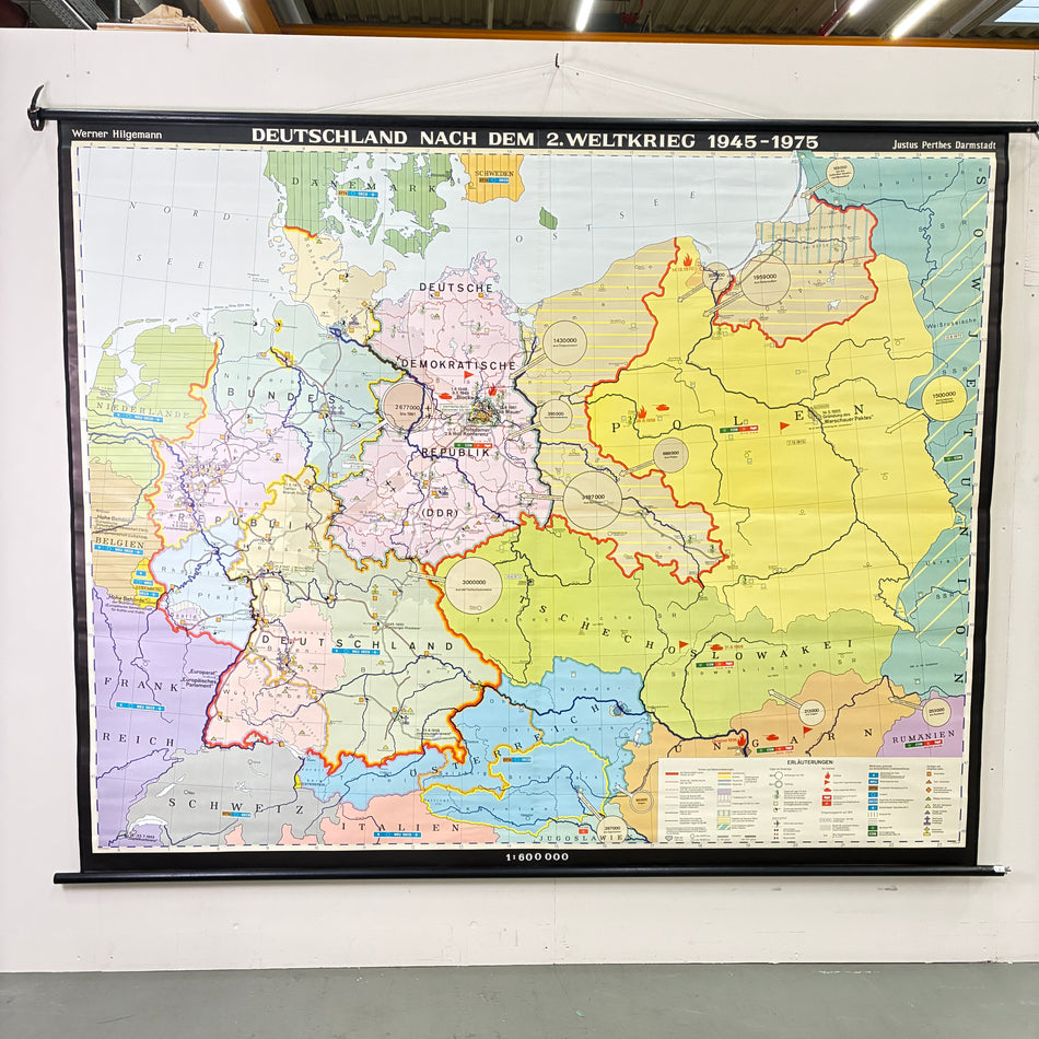 Vintage School Map – Germany After World War II – History Geography Teaching Chart Justus Perthes Roll Map Used