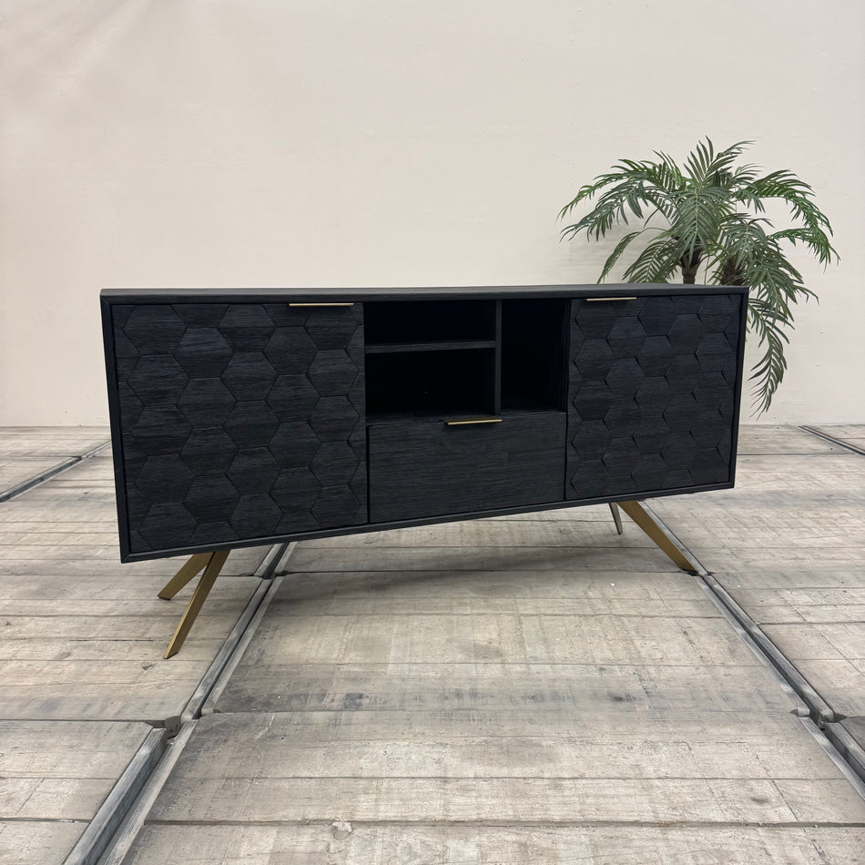Why Not? Sideboard Massivholz Schwarz Wabenmuster Gold Metall