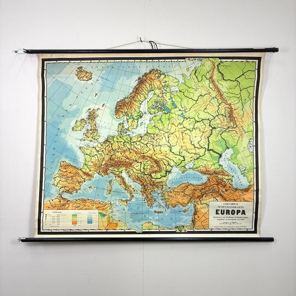 Vintage Schulkarte – Europa physisch – Columbus Geografie Lehrtafel Rollbild Wanddeko