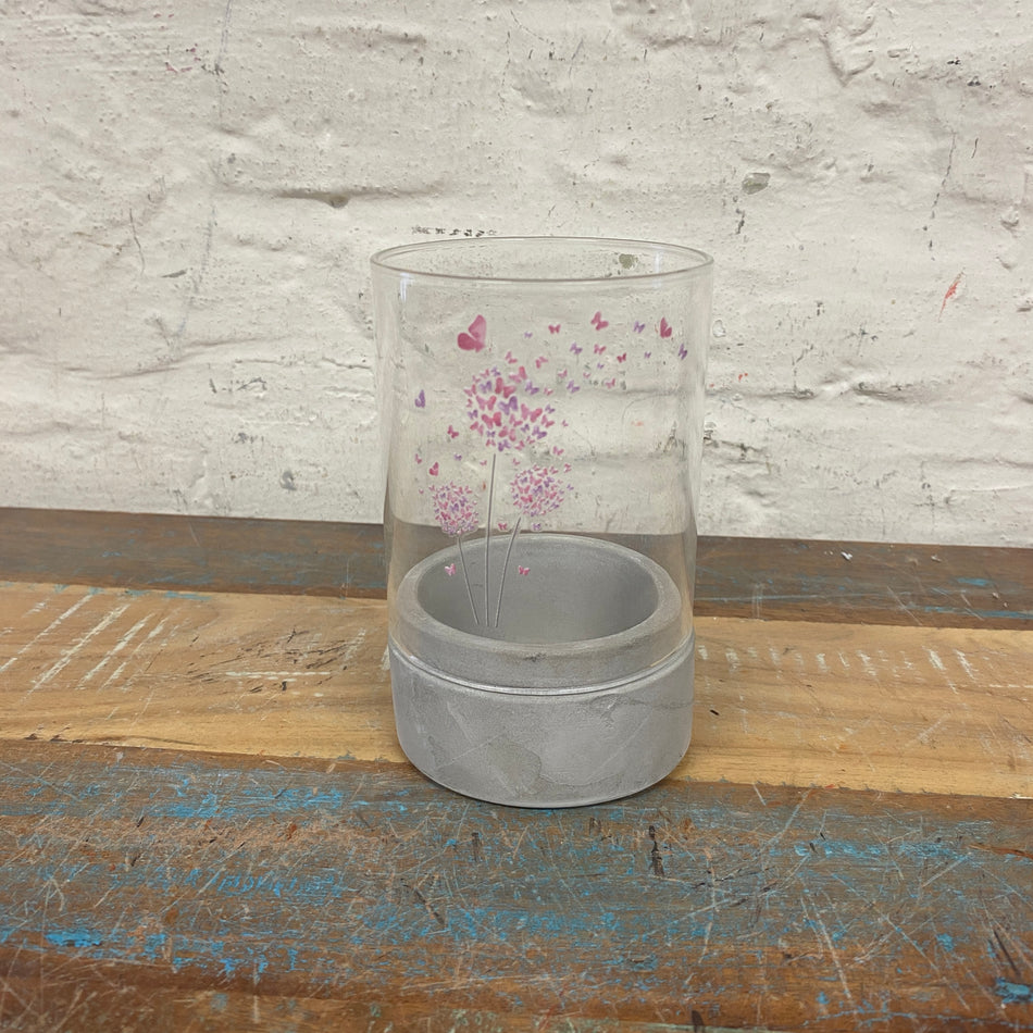 Teelichthalter pink grau Glas 13cm Zement Pustblume Deko