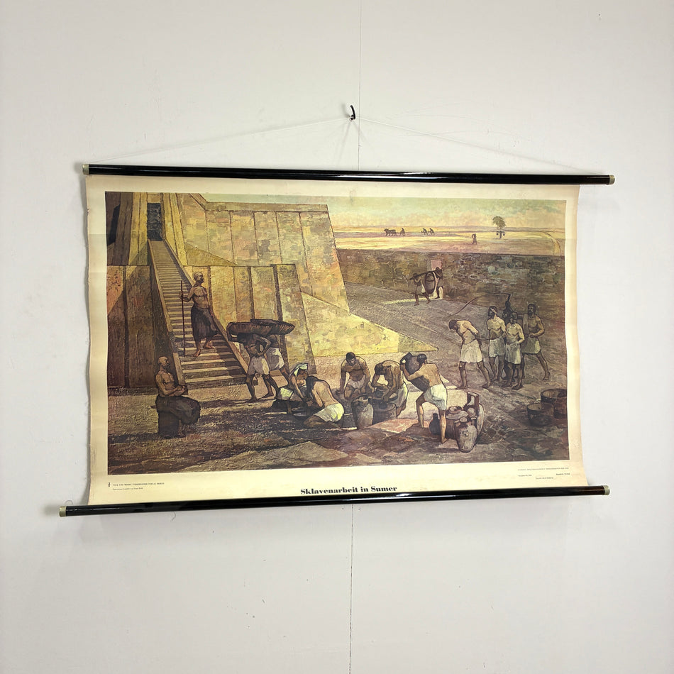 Vintage Schulkarte – Sklavenarbeit in Sumer – Geschichts-Lehrtafel Rollbild Wanddeko