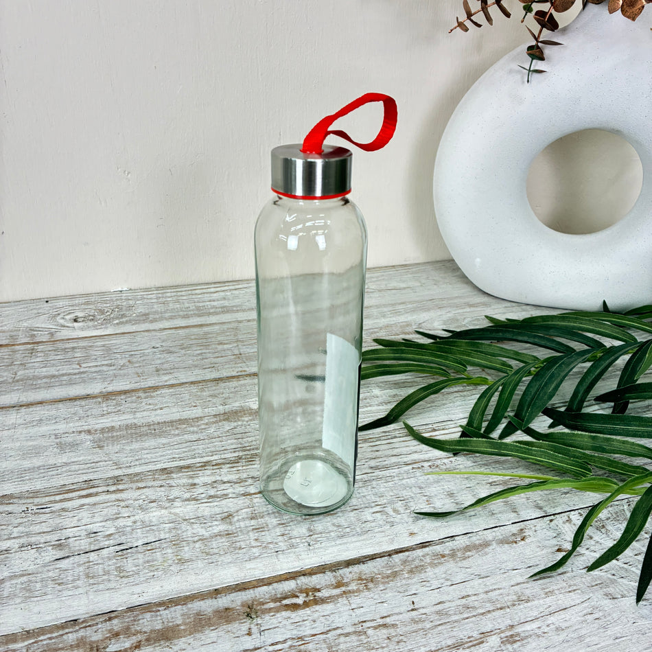 Trinkflasche 500ml Glas Transparent Rotes Band Metalldeckel Wasserflasche