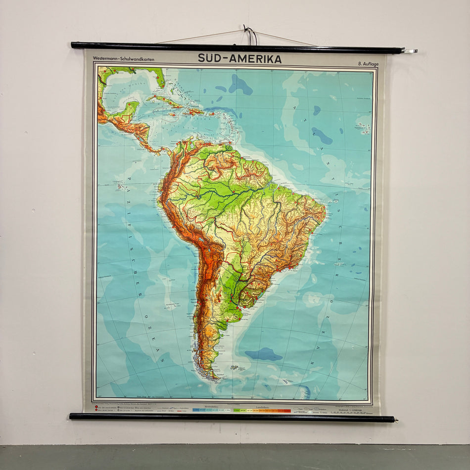 Vintage Schulkarte – Süd-Amerika – Geografie Lehrtafel Rollbild Wanddeko