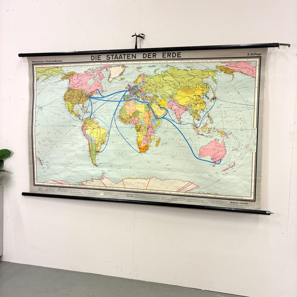Vintage Schulkarte – Die Staaten der Erde (Verkehrsnetz) – Geografie Lehrtafel Wanddeko