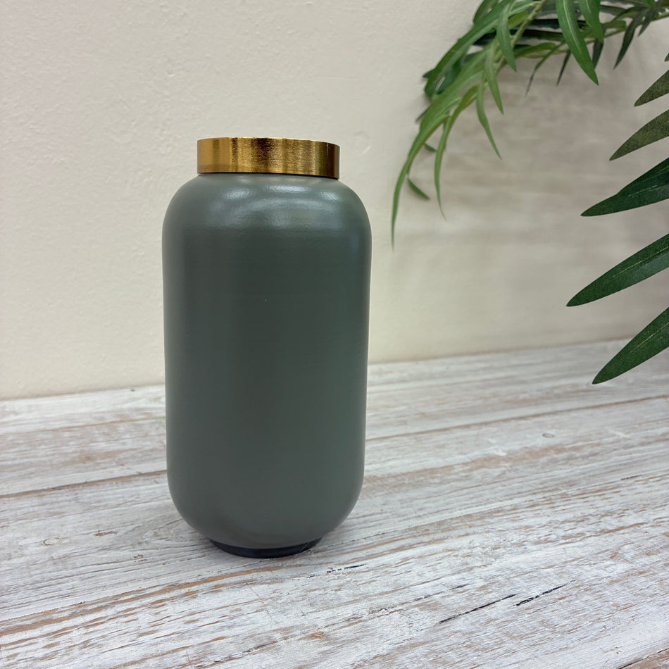 Vase Salbei Grün Goldrand Design Metall Deko 17cm