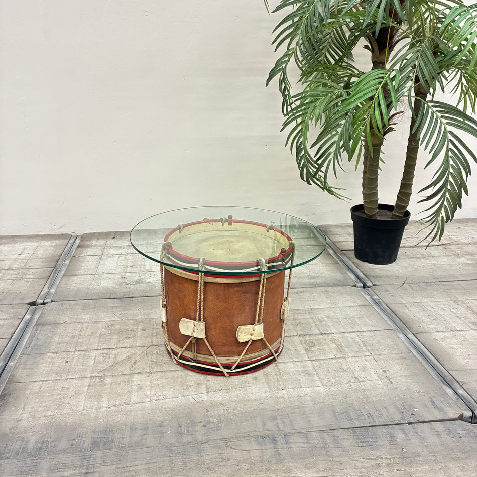 Trommel Beistelltisch Braun Glas Holz Leder Vintage Tisch Gebraucht