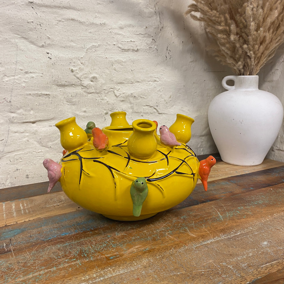 Vase gelb bunt Keramik Vogel Blumenvase 16cm Deko