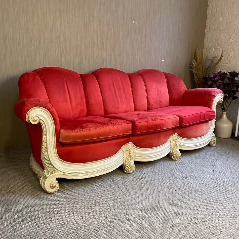 Barock Sofa 3-Sitzer Rot mit Holzschnitzereien – Elegante Vintage Couch gebraucht