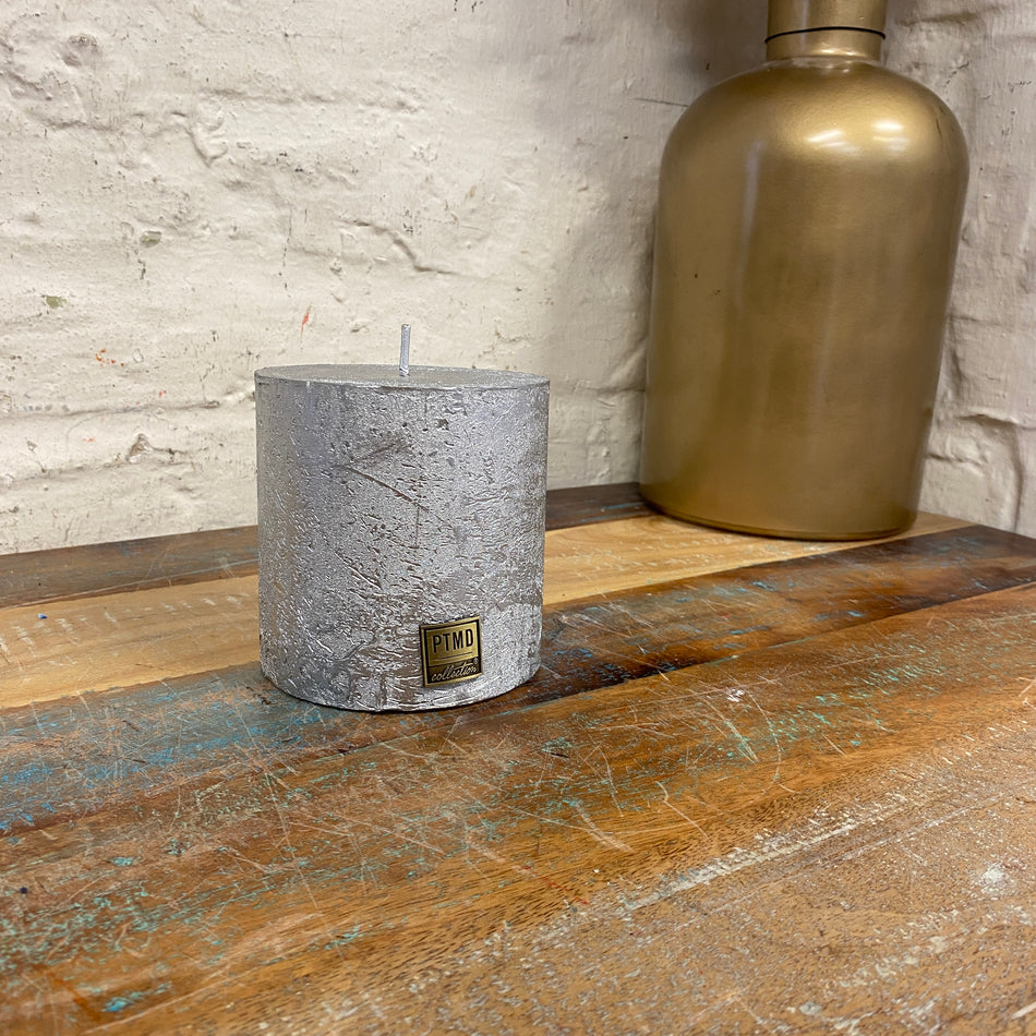 PTMD Stumpenkerze rustikal silbern 10 cm Vintage Deko