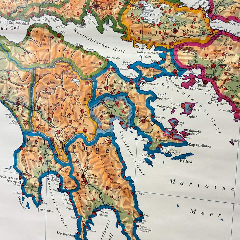Vintage School Map – Classical Greece – History Geography Teaching Chart Justus Perthes Roll Map Used