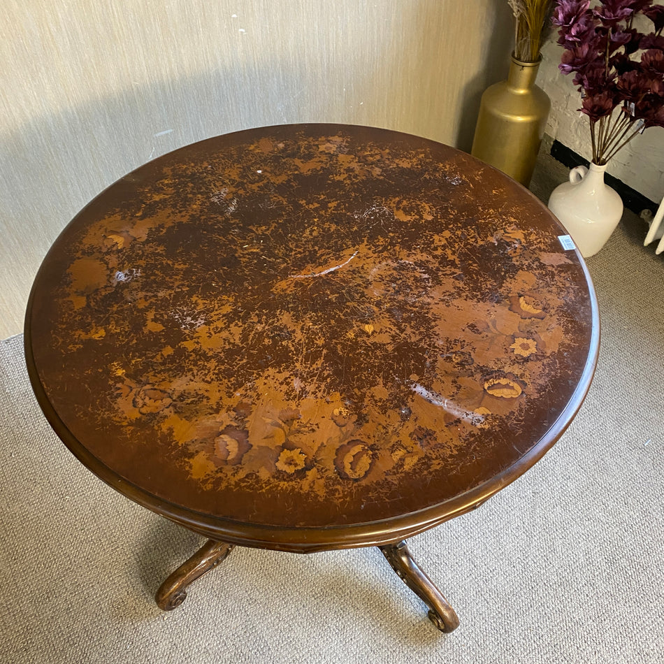 Runder antiker Esstisch aus dunklem Massivholz mit verziertem Fuß – klassischer Vintage Stil – Tisch gebraucht