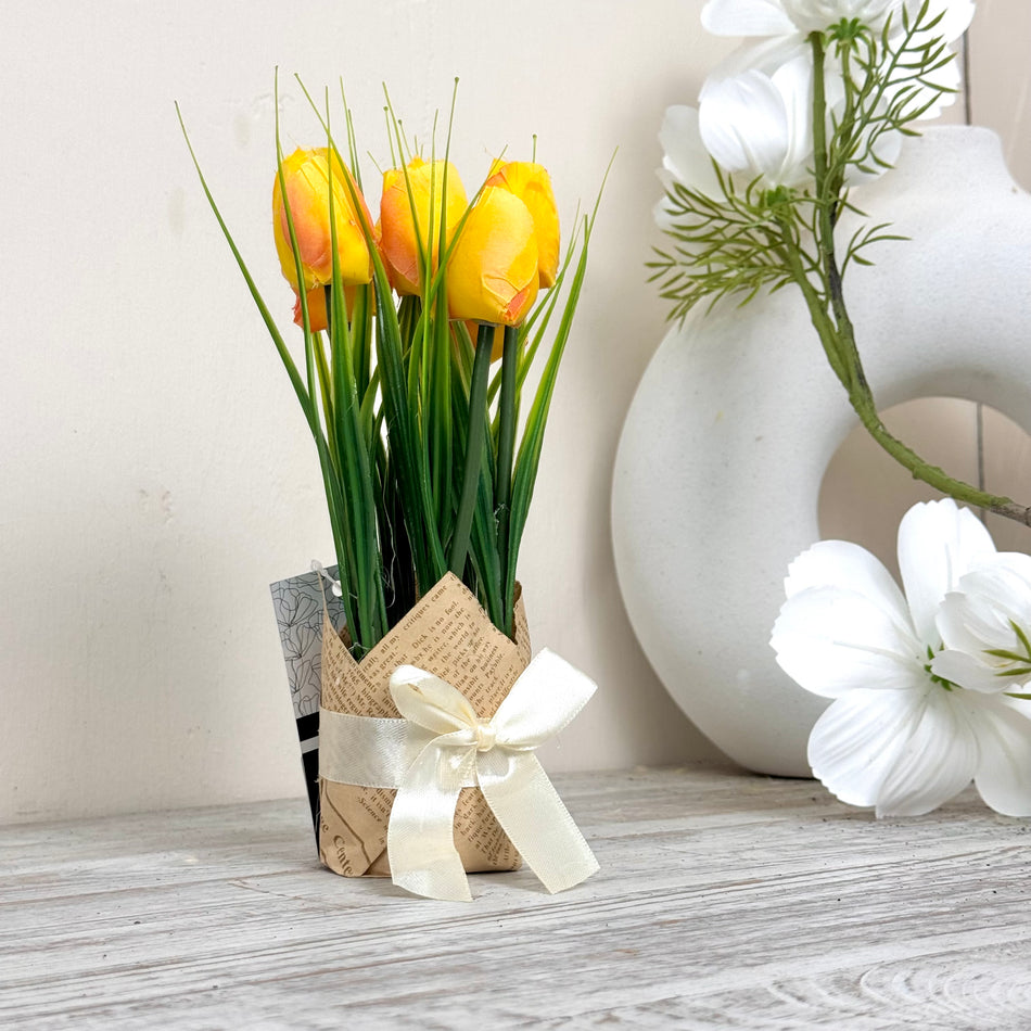 Kunstblumen Tulpen in Geschenkverpackung Deko Gelb Frühling