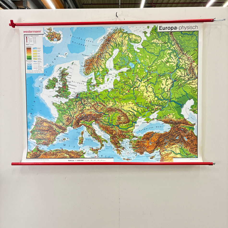Vintage School Map – Europe Physical – Westermann Geography Teaching Chart Roll, Used