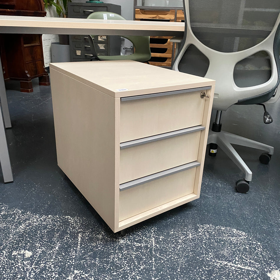 Büro Rollcontainer Holz hell mit 3 Schubladen & Schloss abschließbar gebraucht