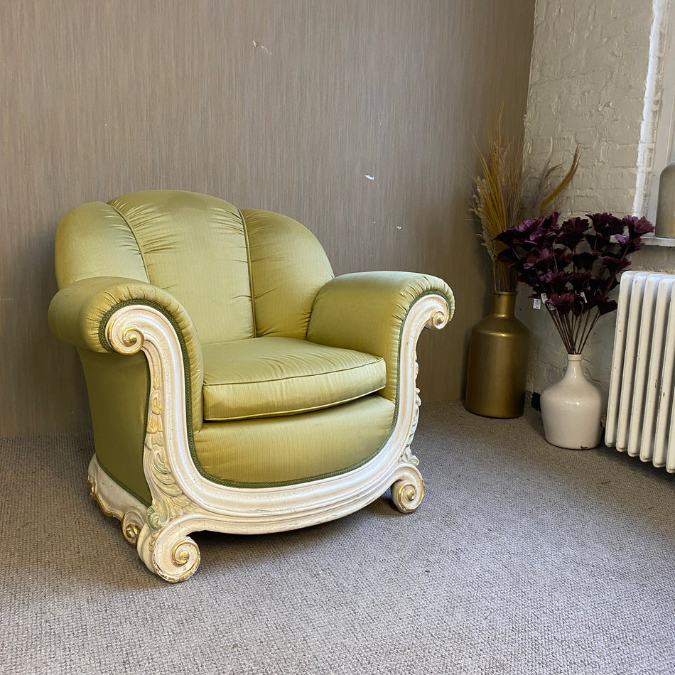 Barock Sessel Grün mit Holzschnitzereien – Opulenter Vintage Polstersessel gebraucht