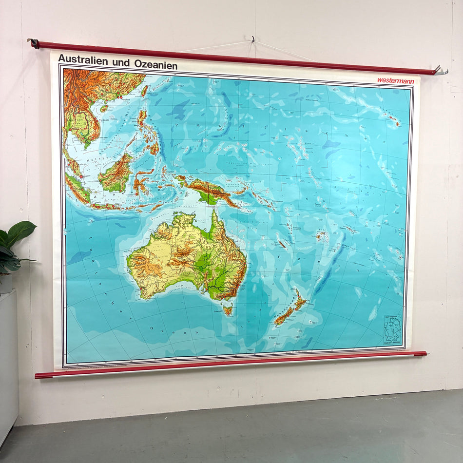 Vintage Schulkarte – Australien und Ozeanien – Westermann Geografie Lehrtafel Rollbild Wanddeko