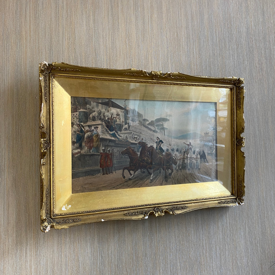 Forti Ettore Kunstwerk Druckgraphik Wagenrennen goldener Rahmen