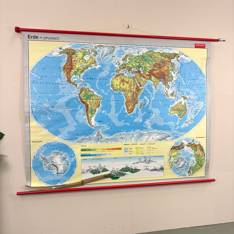 Vintage Schulkarte – Erde physisch – Geografie Lehrtafel Rollbild Wanddeko