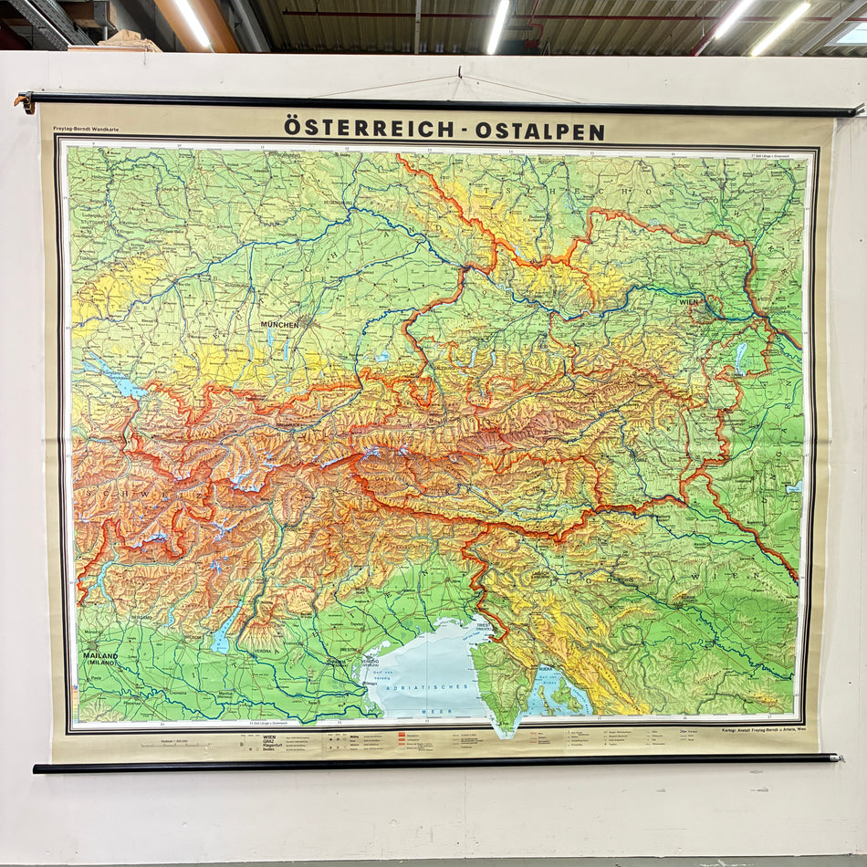Vintage School Map – Austria Eastern Alps – Geography Educational Chart Freytag-Berndt Roll Map Used