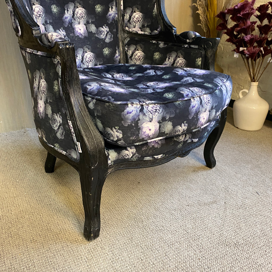 Kare Design Schwarzer Thron Sessel im barocken Vintage Stil mit floralem Stoff – eleganter Polstersessel – Sessel gebraucht