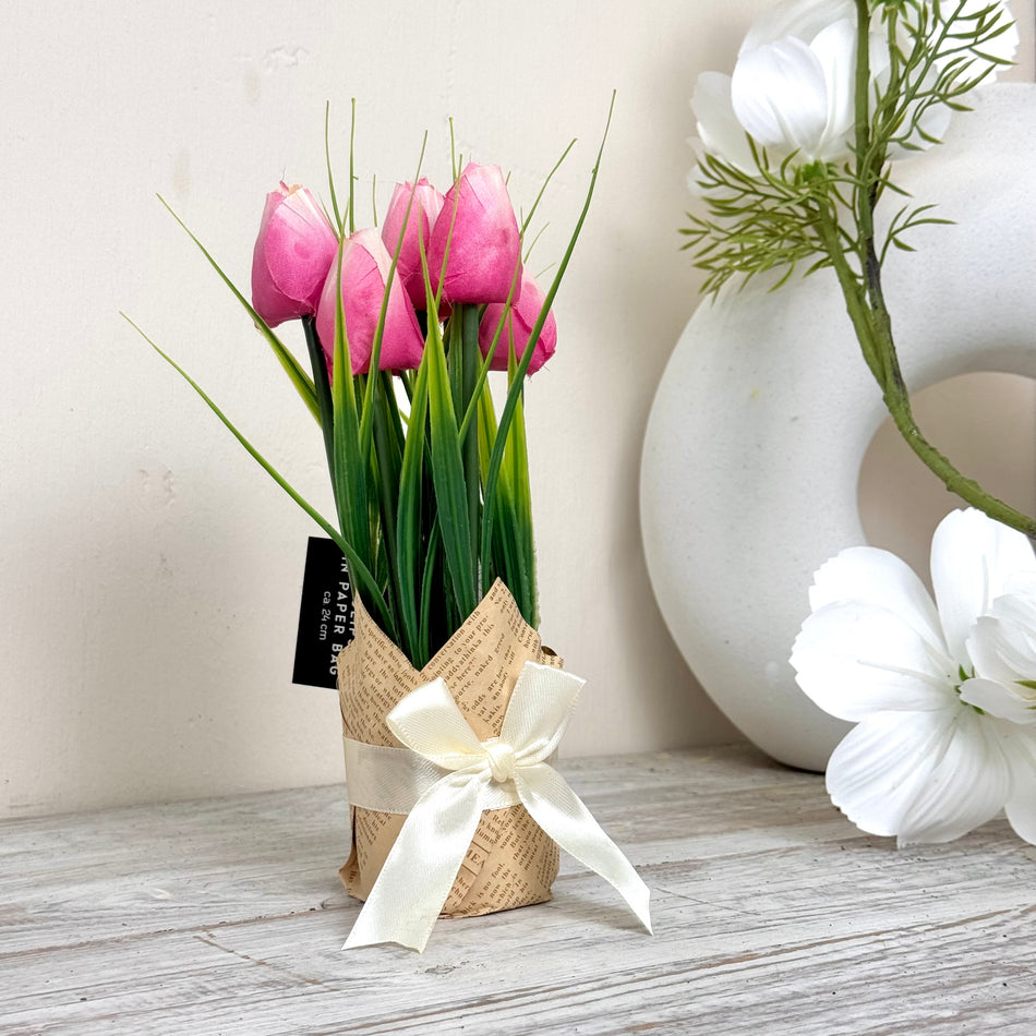 Kunstblumen Tulpen in Geschenkverpackung Deko Pink Frühling