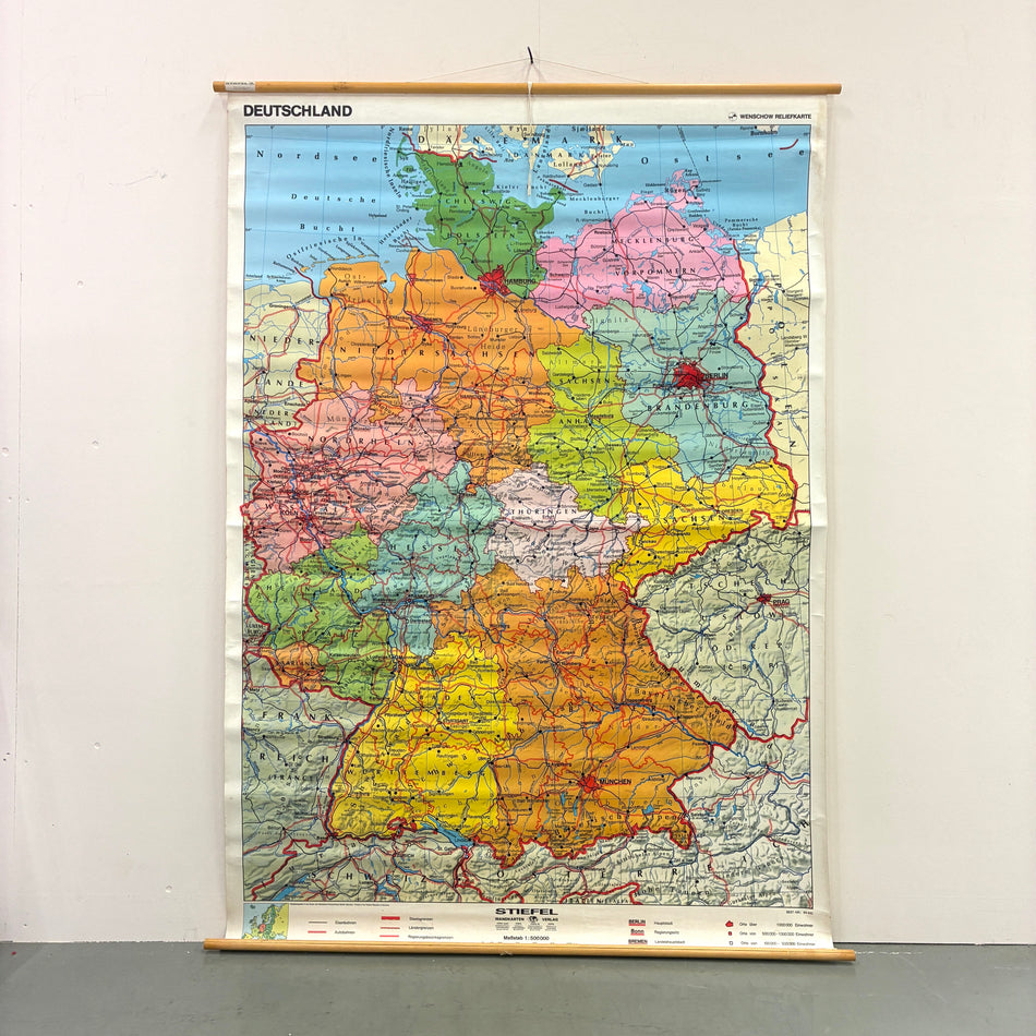 Vintage Schulkarte – Deutschland (Wenschow Reliefkarte) – Geografie Lehrtafel Rollbild