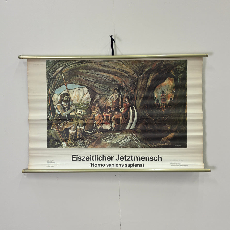 Vintage Schulkarte Eiszeitlicher Jetztmensch Steinzeit Rollbild Lehrtafel DDR Wanddeko