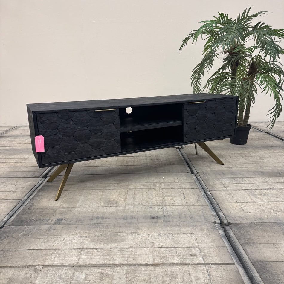 Why Not? TV Schrank Massivholz Schwarz Wabenmuster Gold Metall Kommode