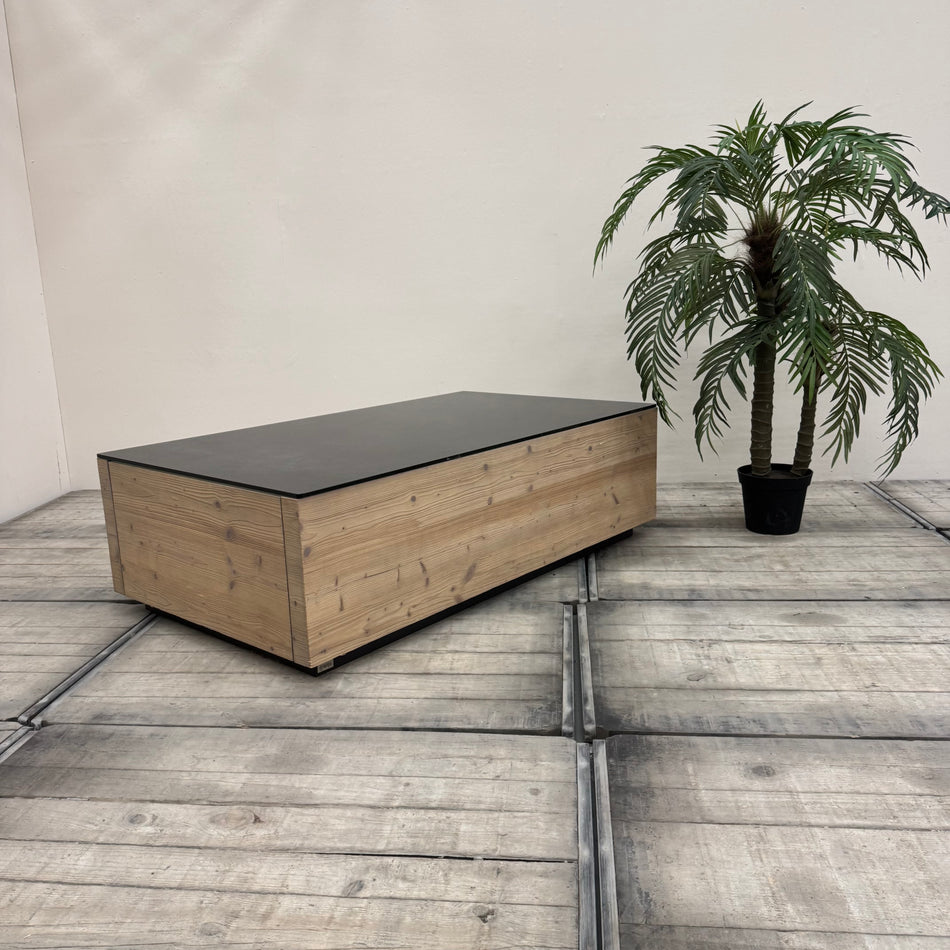 Design Couchtisch Holzoptik Glasplatte Schublade Tisch gebraucht