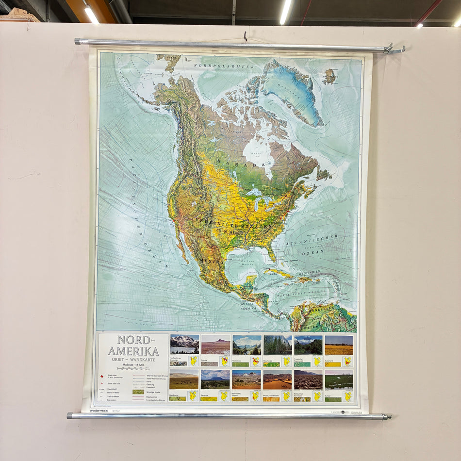 Vintage School Map – North America Obit Map – Geography Educational Chart Roll Map Used