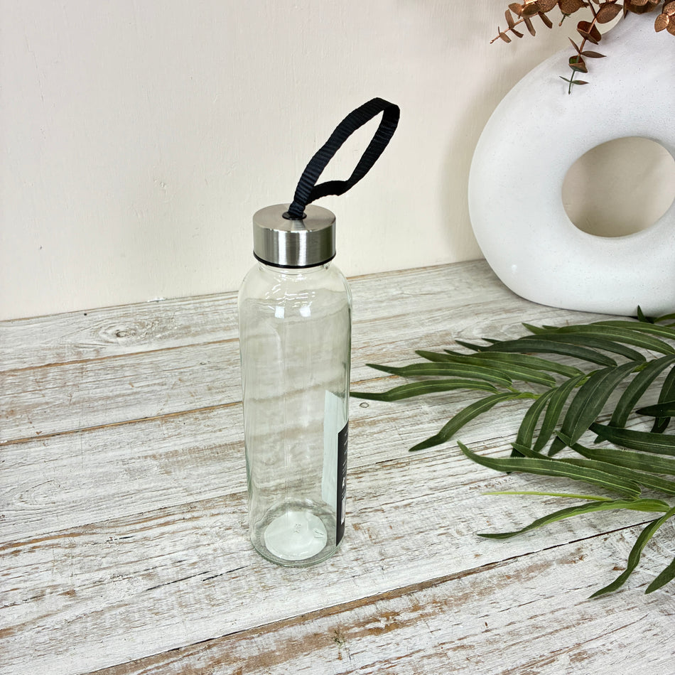 Trinkflasche 500ml Glas Transparent Schwarzes Band Metalldeckel Wasserflasche